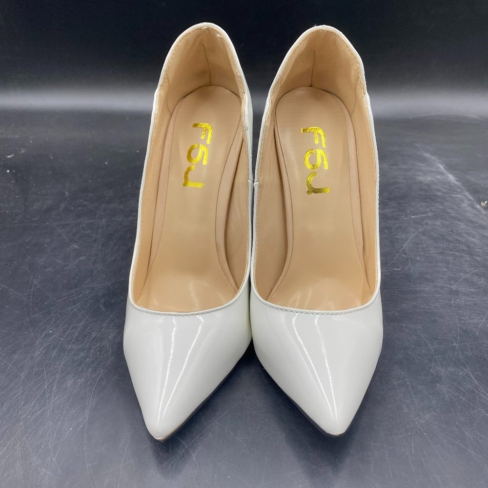 FSJ white patent leather pointy toe kitten mid heels slippers pumps shoes